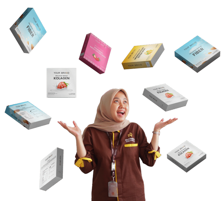 Dua kotak produk Nutrisius putih merah di atas meja, menampilkan kemasan suplemen yang rapi dan profesional.