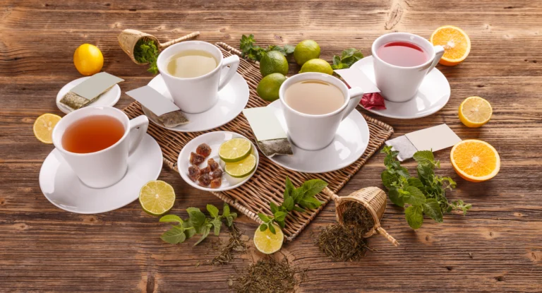 Empat cangkir teh herbal dengan warna berbeda tersusun di atas meja, menampilkan variasi minuman siap saji.