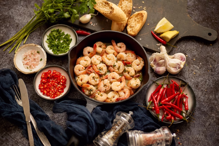 Udang goreng mentega dengan bawang putih tersaji hangat, menampilkan tekstur renyah dan warna keemasan.