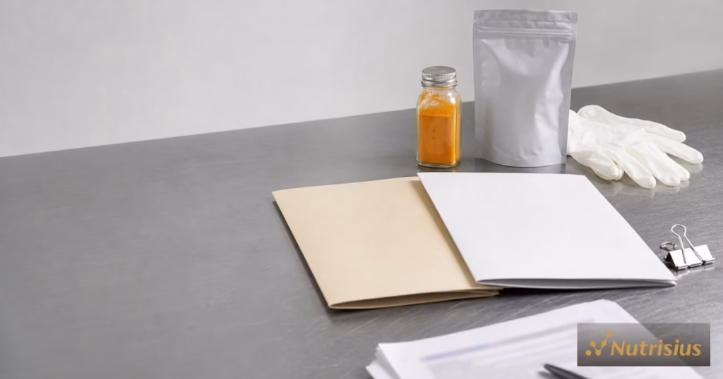 Dua map registrasi BPOM TR dan SD di meja bersih, berdampingan dengan pouch minuman serbuk dan botol bumbu.