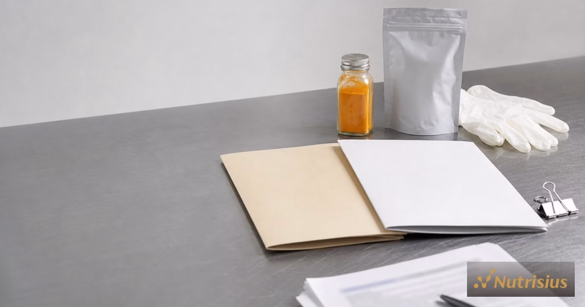 Dua map registrasi BPOM TR dan SD di meja bersih, berdampingan dengan pouch minuman serbuk dan botol bumbu.