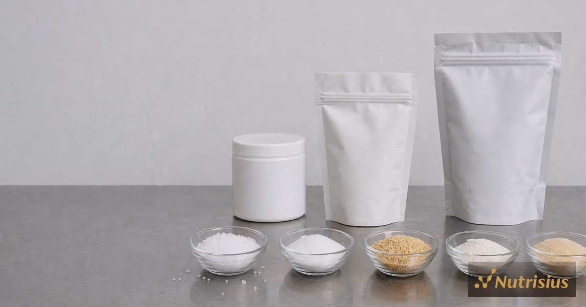 Perbandingan bahan formulasi bumbu rendah natrium di mangkuk kaca pada meja stainless.