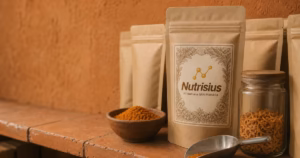 Pouch bumbu kemasan di rak kecil dengan campuran kunyit bawang dan bawang goreng.