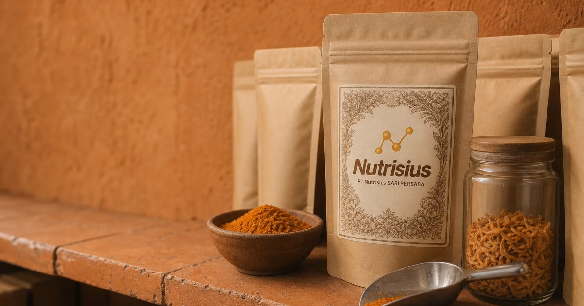 Pouch bumbu kemasan di rak kecil dengan campuran kunyit bawang dan bawang goreng.