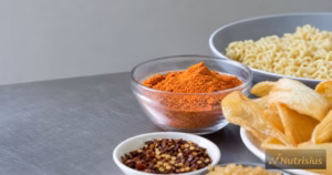 Mangkuk bumbu swicy dengan cabai kering, gula merah, keripik singkong, dan mi matang.