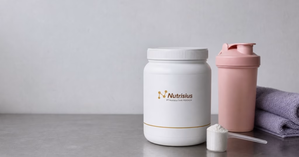 Botol suplemen creatine wanita dengan shaker merah muda di rak retail bersih.