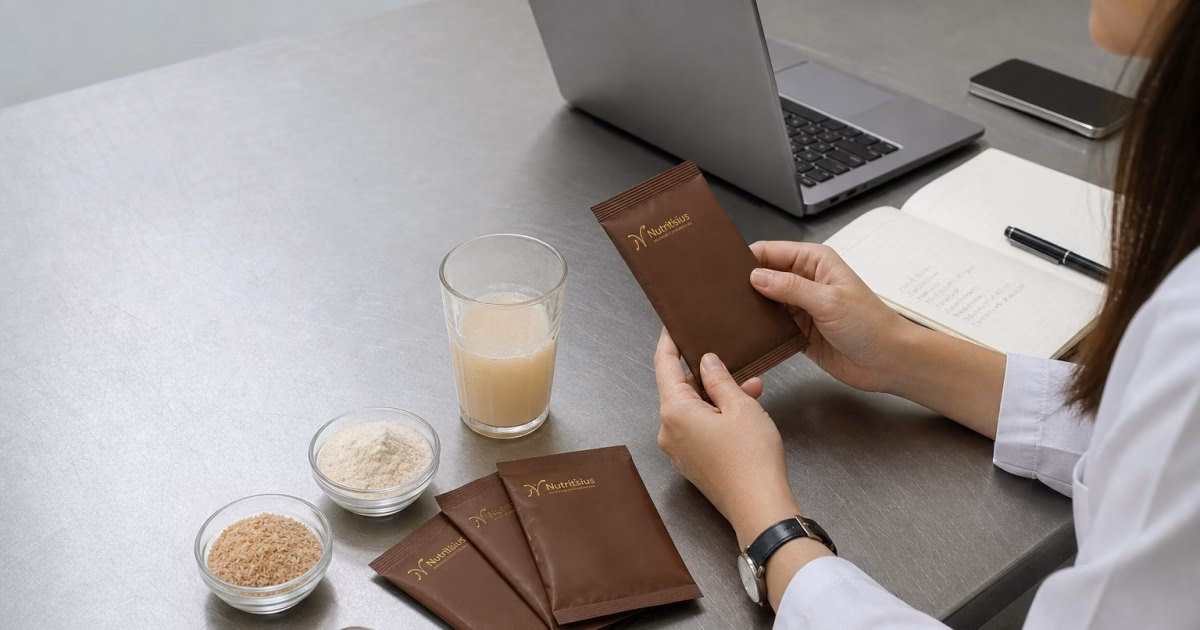 Konsep minuman serbuk fiber dengan sampel sachet, gelas seduhan, dan bahan serat di meja kerja