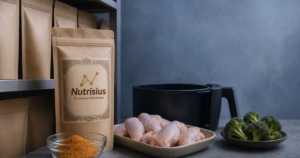 Pouch bumbu air fryer dengan ayam mentah, keranjang air fryer, dan brokoli segar.