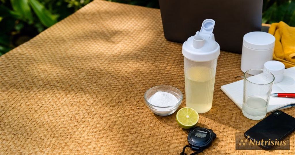 Meja perencanaan produk menampilkan minuman elektrolit rendah gula, bubuk elektrolit, jeruk nipis, dan stopwatch.