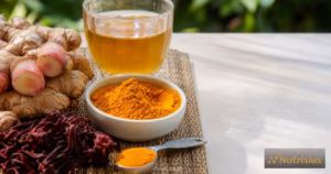Jahe merah, bubuk kunyit, rosella kering, dan segelas basis minuman herbal rendah gula.