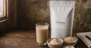Segelas minuman lansia serbuk dengan pouch polos dan bahan protein serta mikronutrien.