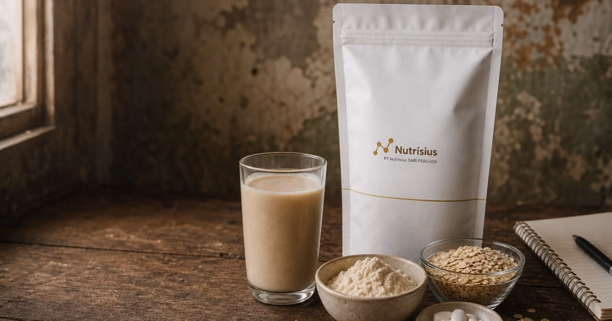 Segelas minuman lansia serbuk dengan pouch polos dan bahan protein serta mikronutrien.