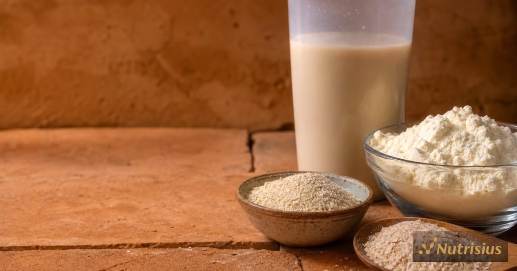 Konsep minuman protein fiber dengan whey, serat oat, psyllium, dan shaker bening.
