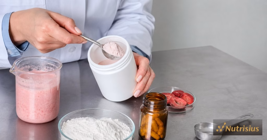 Formulator menilai sampel minuman sinbiotik serbuk dengan inulin, probiotik, dan stroberi kering.