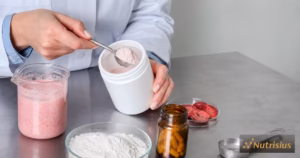 Formulator menilai sampel minuman sinbiotik serbuk dengan inulin, probiotik, dan stroberi kering.