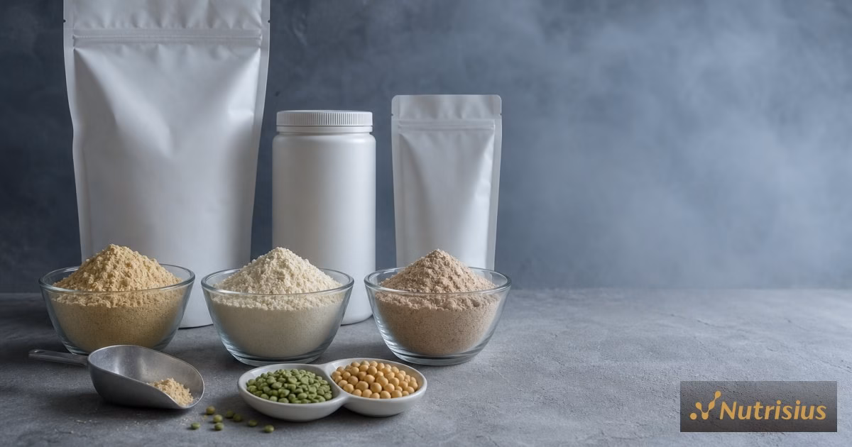 Perbandingan bubuk protein pea, soy, dan campuran protein nabati di meja studio.