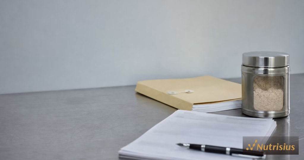 Dokumen kontrak samar dan map formula tersegel di meja dengan sampel serbuk.