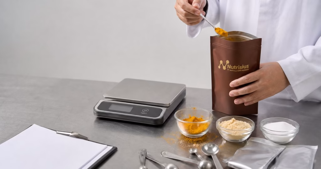 Teknolog pangan membandingkan campuran bumbu terukur untuk standarisasi resep franchise di meja stainless.