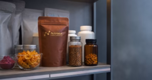 Rak retail berisi minuman bubuk, bumbu inovatif, dan suplemen herbal fungsional bernuansa masa depan.