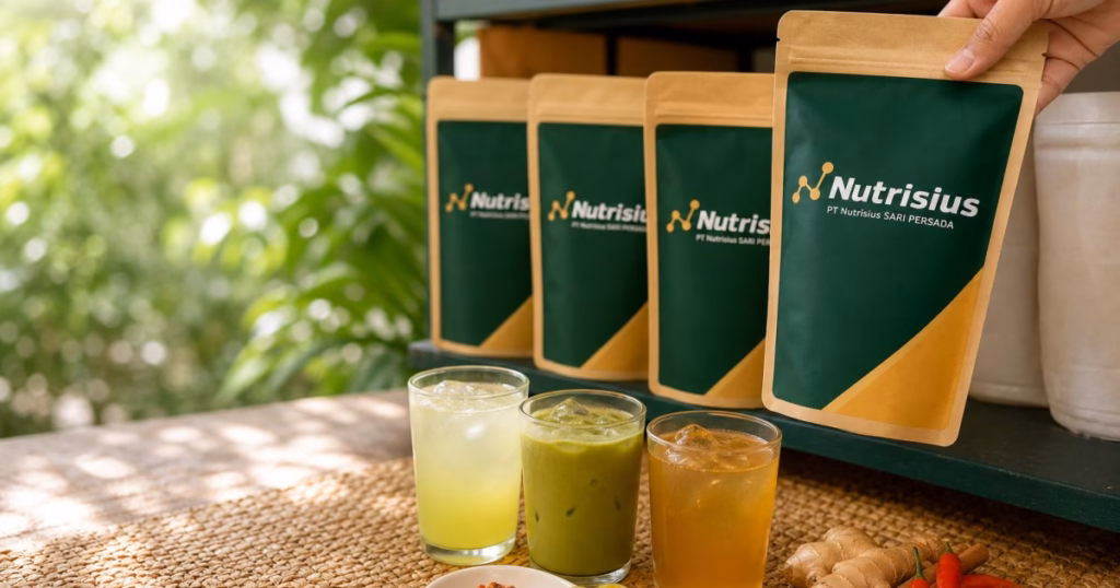 Deretan prototipe minuman serbuk rasa swicy, calamansi, matcha, dan rempah lokal di rak.