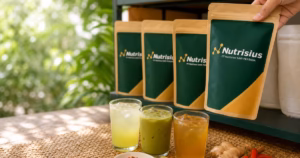 Deretan prototipe minuman serbuk rasa swicy, calamansi, matcha, dan rempah lokal di rak.