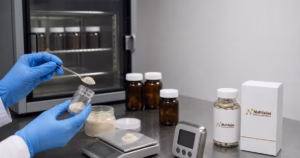 Teknisi QC memeriksa sampel uji stabilitas suplemen di ruang laboratorium bersih.