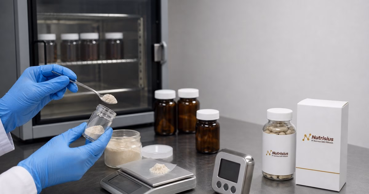Teknisi QC memeriksa sampel uji stabilitas suplemen di ruang laboratorium bersih.