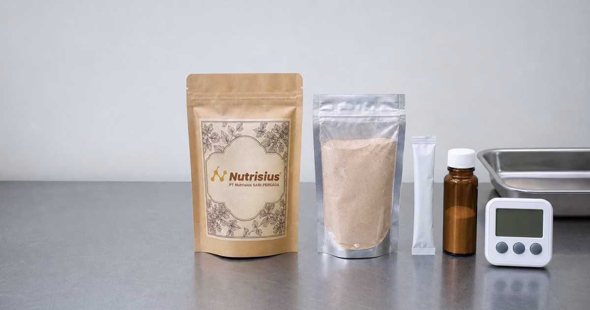 Dua pouch minuman bubuk dibandingkan di laboratorium untuk uji umur simpan pangan.